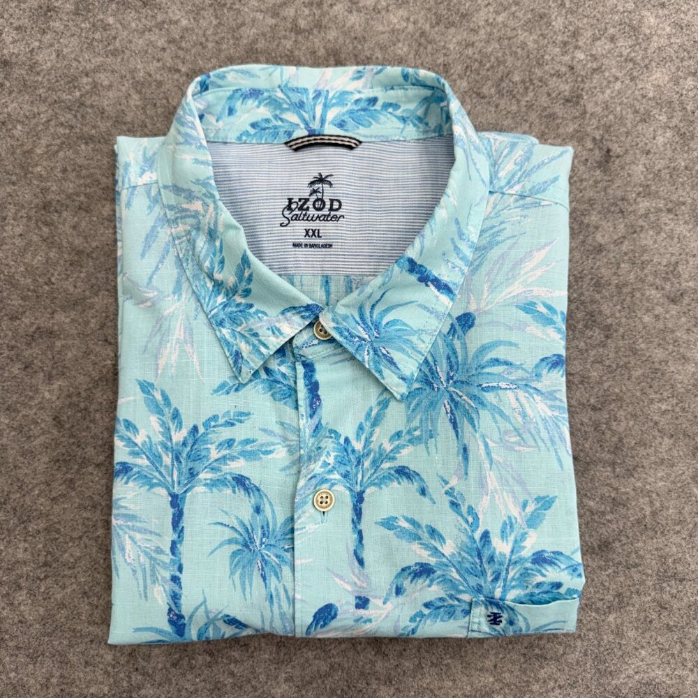 IZOD Saltwater Hawaiian Shirt Men's XXL Short Sleeve 100% Cotton, Blue Palm Tree - Picture 10 of 11